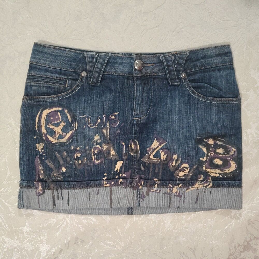 Vtg Y2K Boom Boom Denim Mini Skirt Graffiti Paint Splatter Grunge Lowrise Size 5